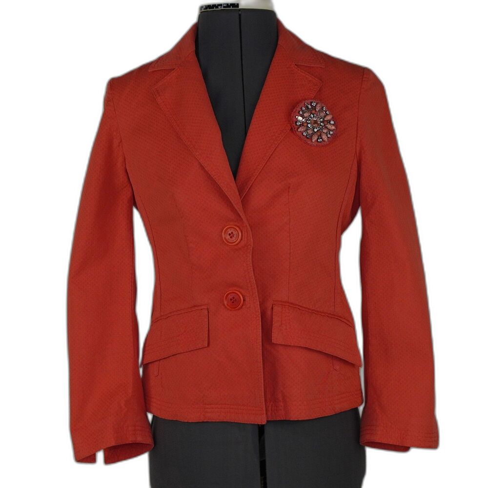 Karen Millen England Fitted Short Blazer 4 With Brooch  Orange Cotton Preppy